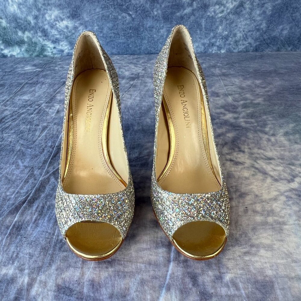 Enzo Angiolini Peep Toe Gold Silver Sparkle Glitter Evening Heels Sz 5.5